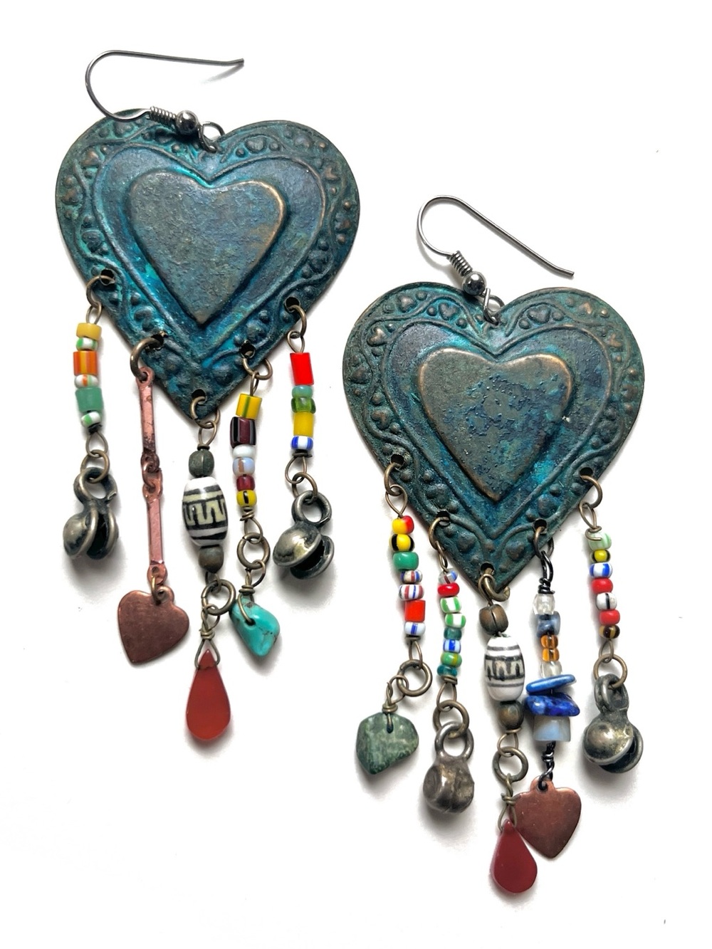 Long Boho 80s Clip On Rhinestone Earrings Mosaic Rainbow Artisan Bohemian Dangle